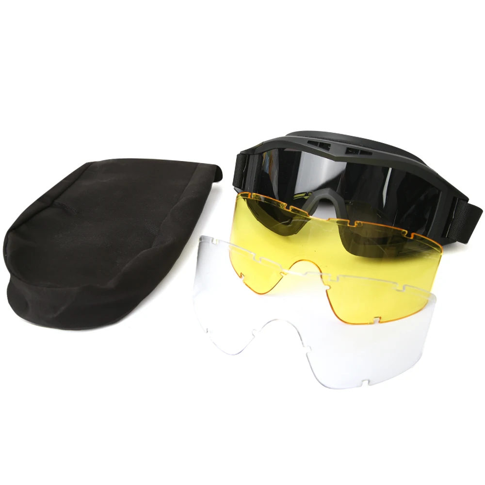 Black tactical goggles with yellow and clear interchangeable lenses and protective carrying pouch