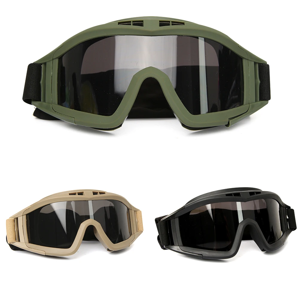 Set of three tactical goggles in green, tan, and black with grey lenses for UV protection