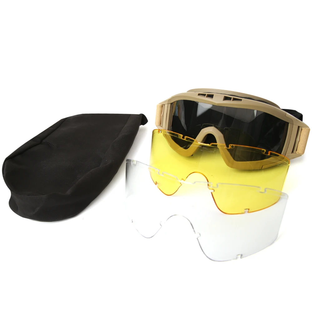 Tan tactical goggles with yellow and clear interchangeable lenses and protective carrying pouch